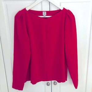 Tristan Scarlet Red Long Sleeve Shirt Blouse Puff Sleeve Pleated Crew Boat Neck